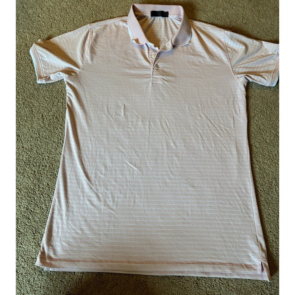 G/FORE Polo Shirt Men's L Pink White Striped Short Sleeve Collared Button Logo